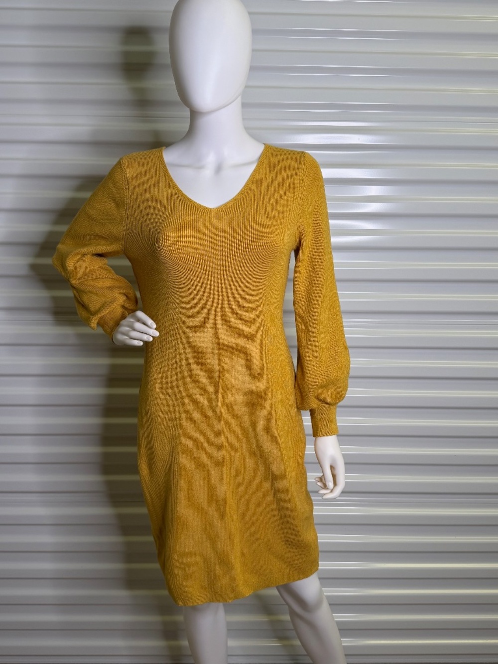 Nina Leonard Wmns Large Ribbed Knit Balloon Sleeve Sweater Dress Mustard Fitted